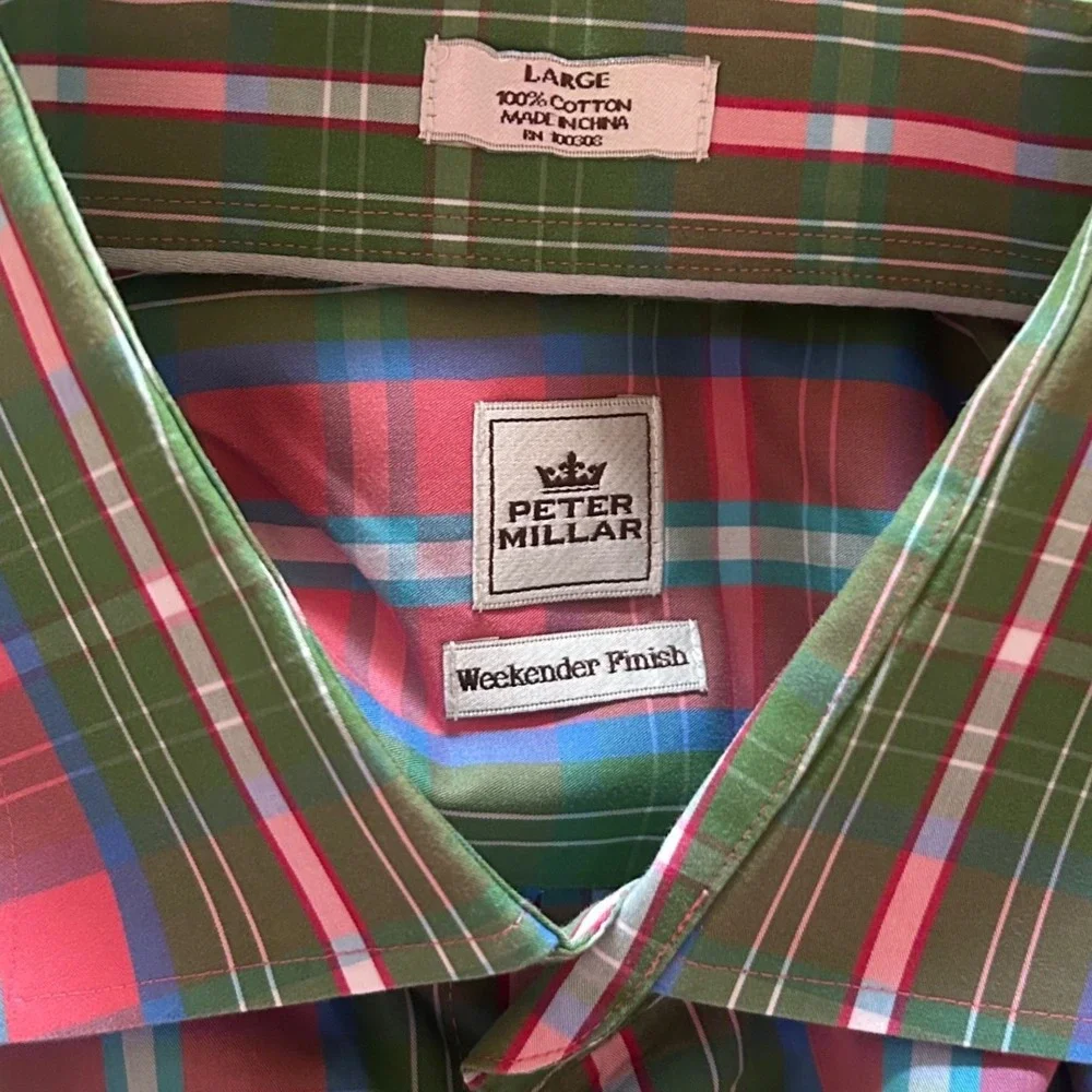 Peter Millar Men's Large 100% Cotton Plaid Button Down Shirt Weekender Sz.‎ L